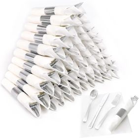 50 Pack Pre Rolled Rose Gold Plastic Silverware Set,Wrapped Plastic Cutlery Set with Napkin Include 50 Forks,50 Spoons (Model: 50 packWhite+Silver)